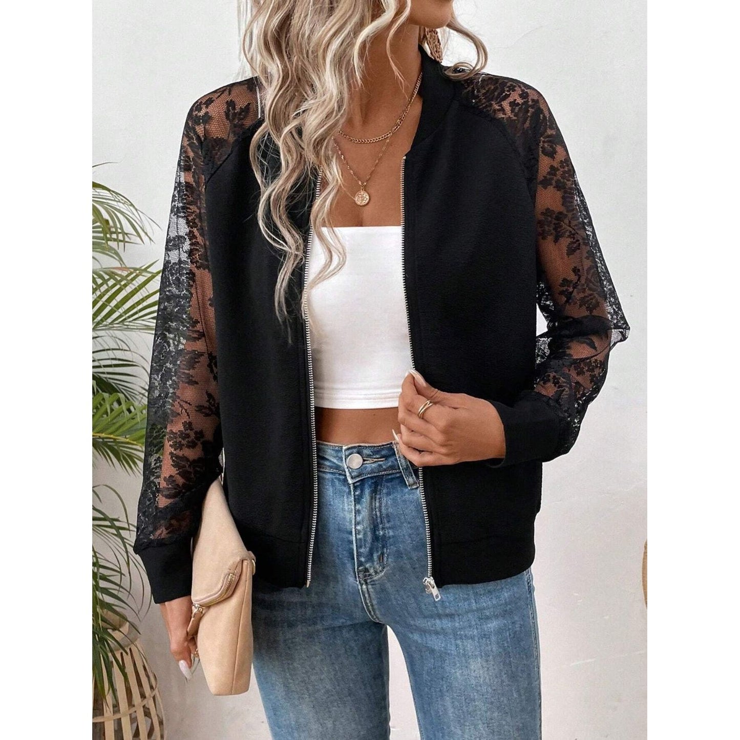 Lace Baseball Collar Zip Up Jacket