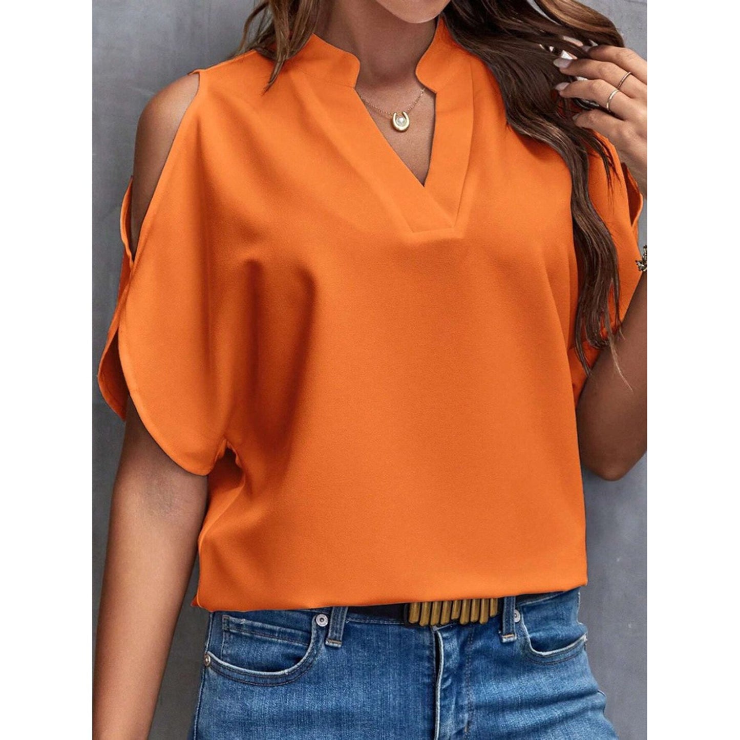 Notched Cold Shoulder Half Sleeve Blouse