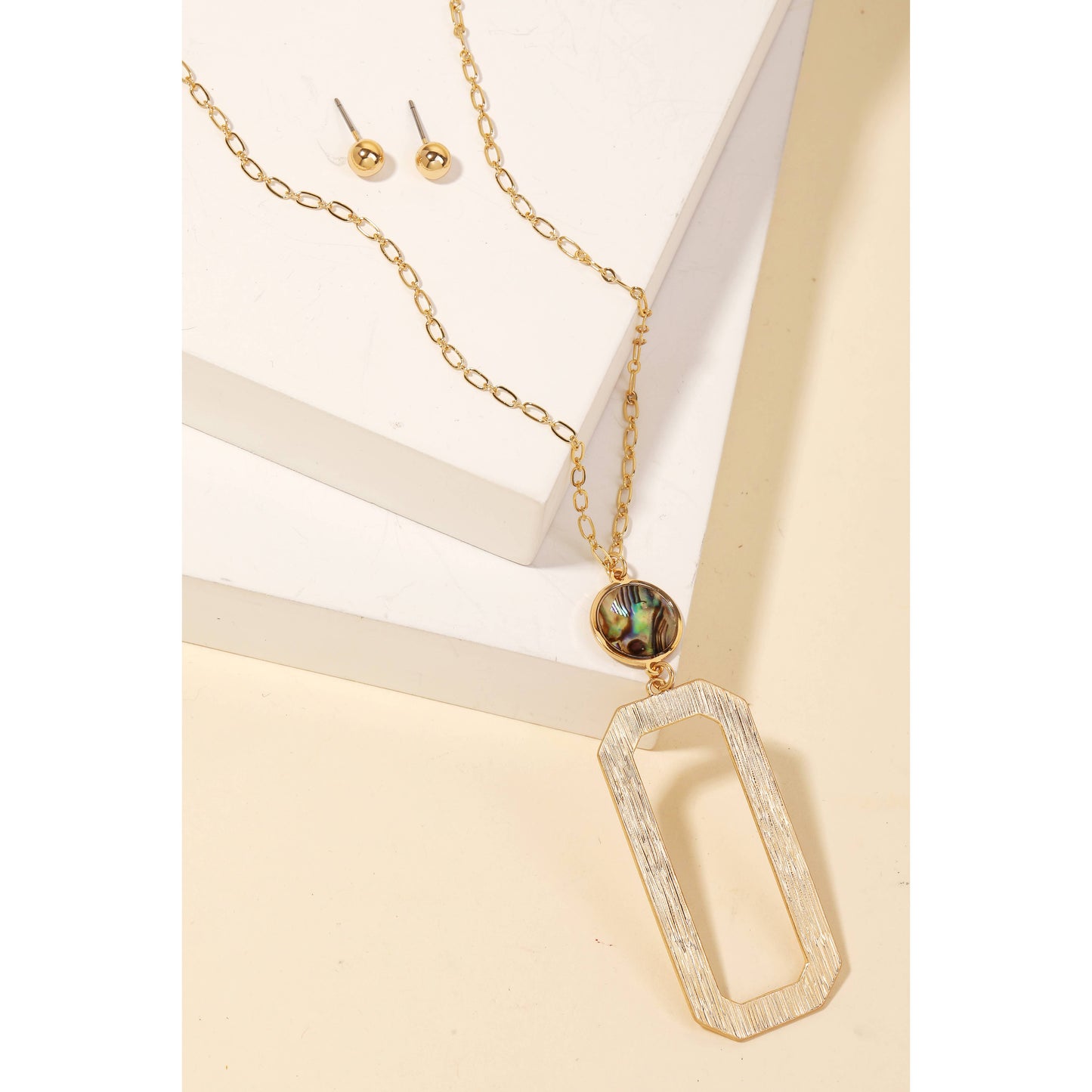 Textured Rectangle Pendant Long Necklace Set