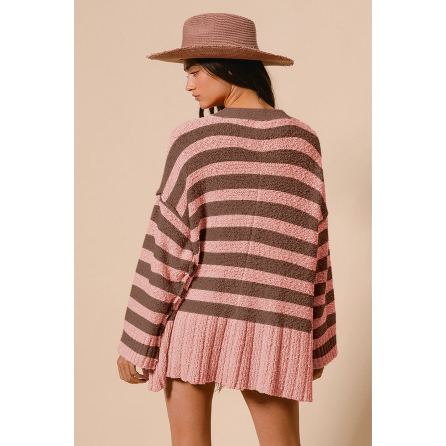 BiBi Slit Striped V-Neck Button Up Cardigan
