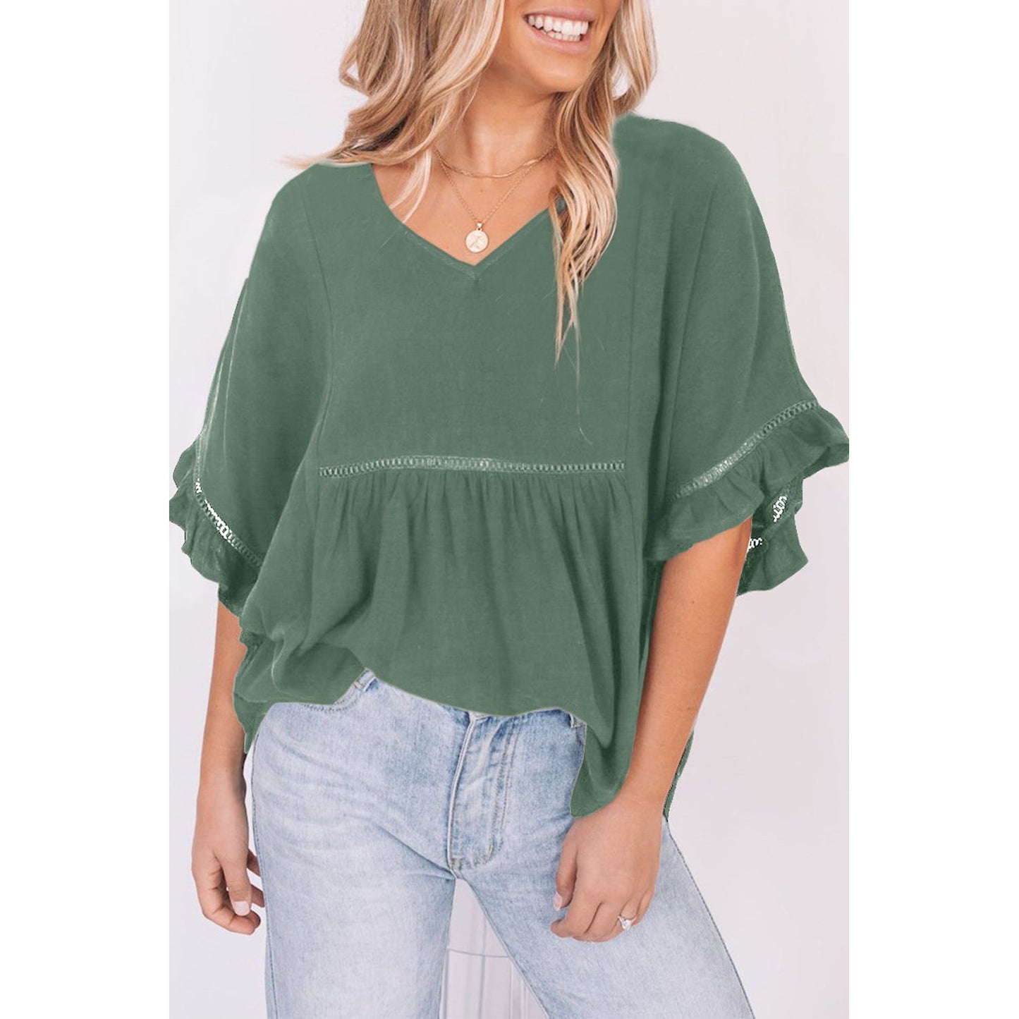 V-Neck Flounce Sleeve Babydoll Blouse