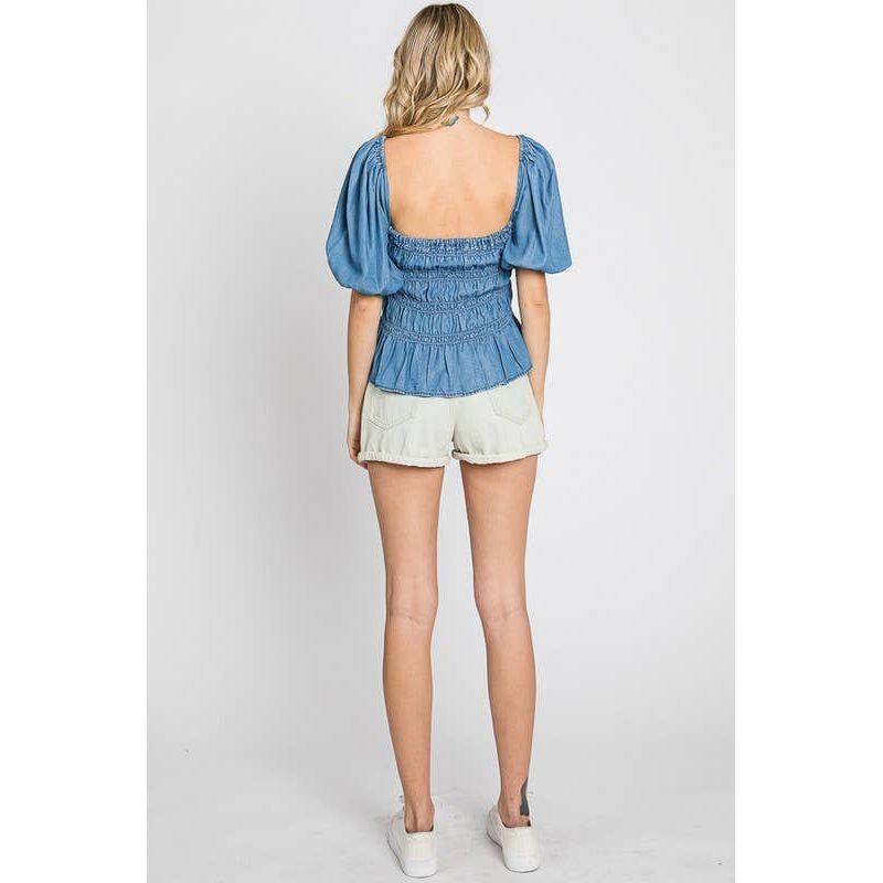 Denim Smocked Peplum Top