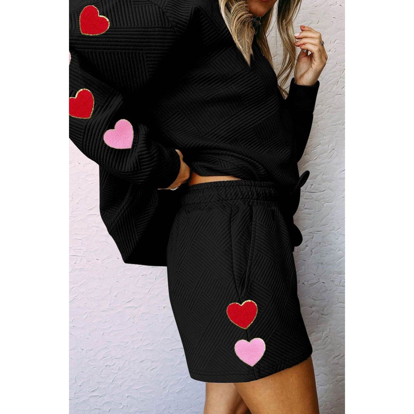 Heart Texture Round Neck Top and Drawstring Shorts Set