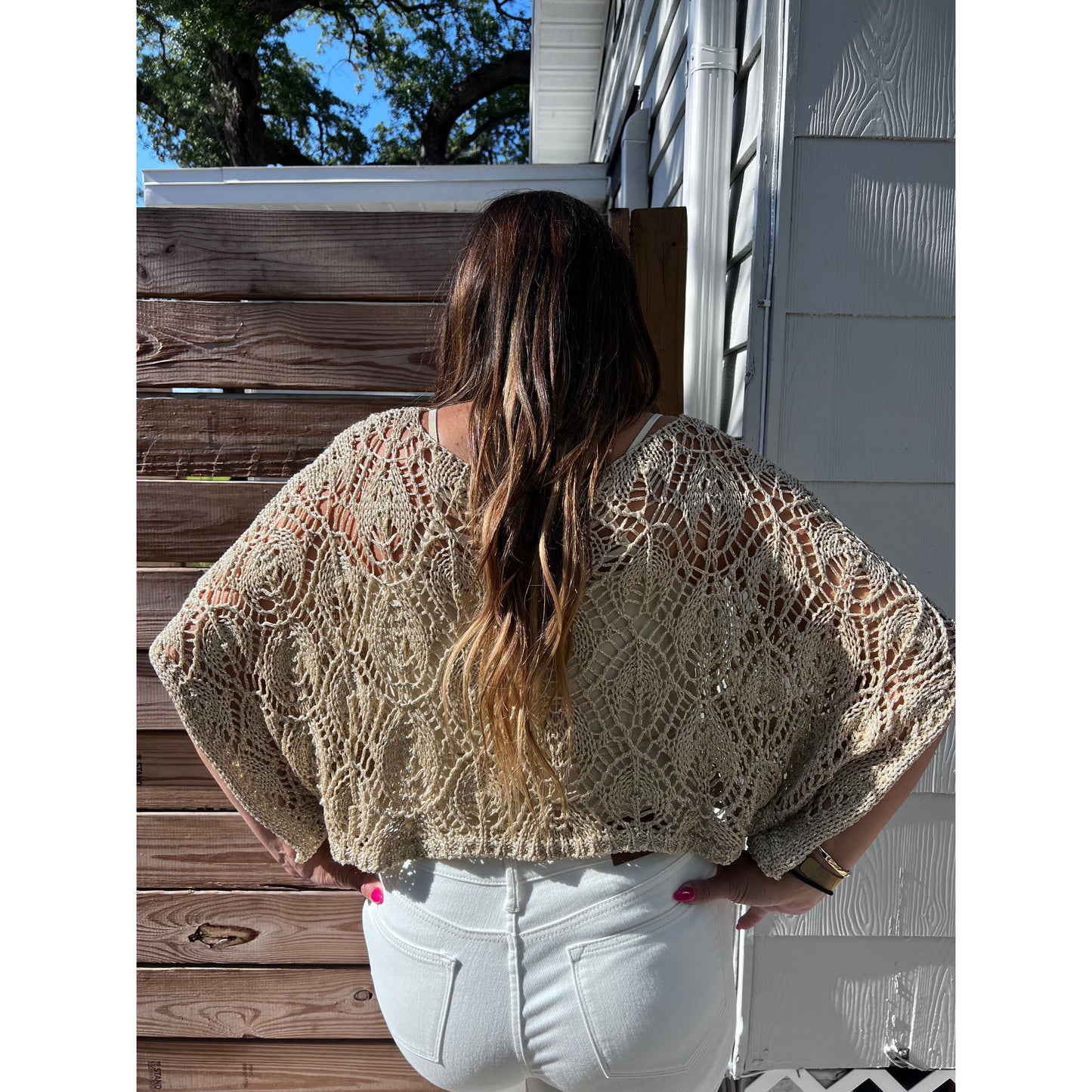 14kt open knit poncho sweater. Made in Italy