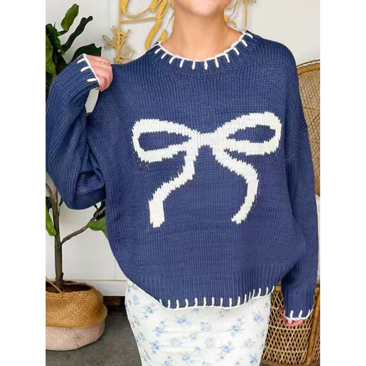 Bow Round Neck Long Sleeve Sweater