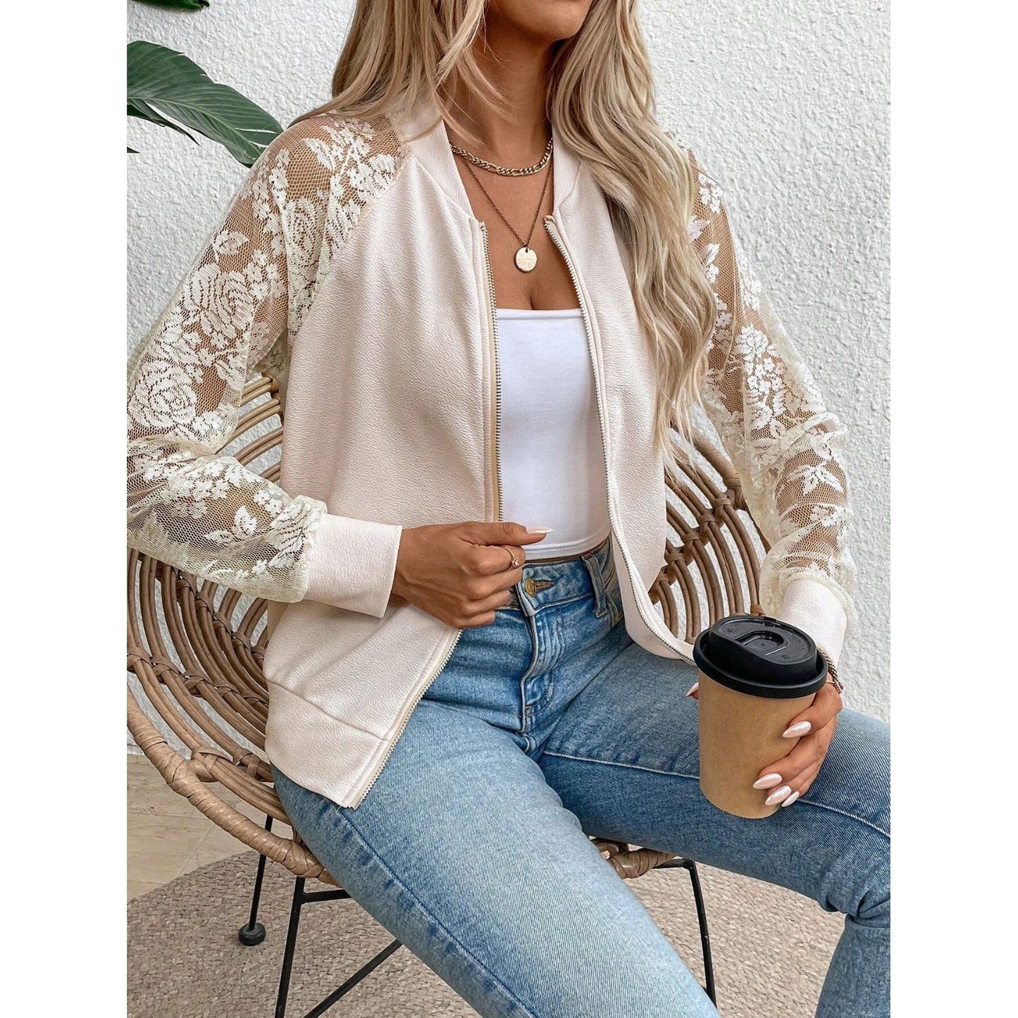 Lace Baseball Collar Zip Up Jacket