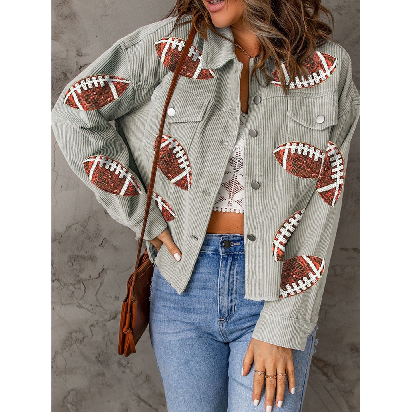 Football Sequin Button Up Dropped Shoulder Jacket