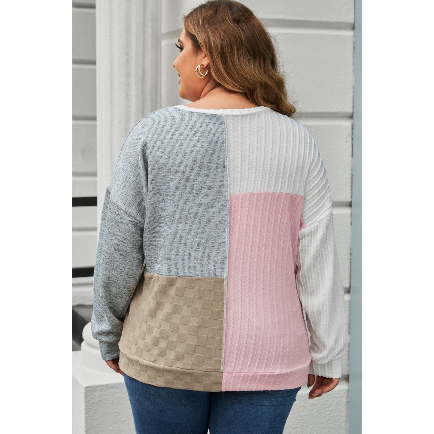 Plus Size Long Sleeve Color Block Top