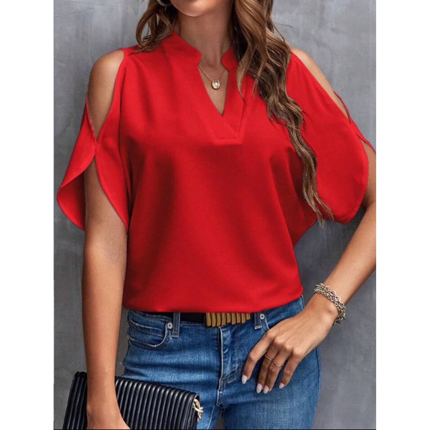Notched Cold Shoulder Half Sleeve Blouse