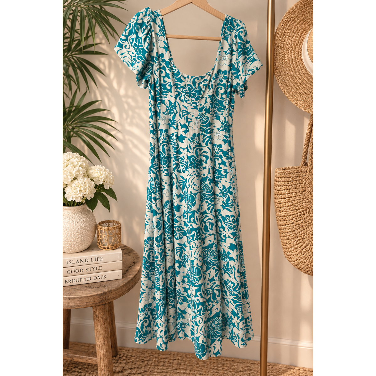 Tropical Floral Puff Sleeve Midi Dress