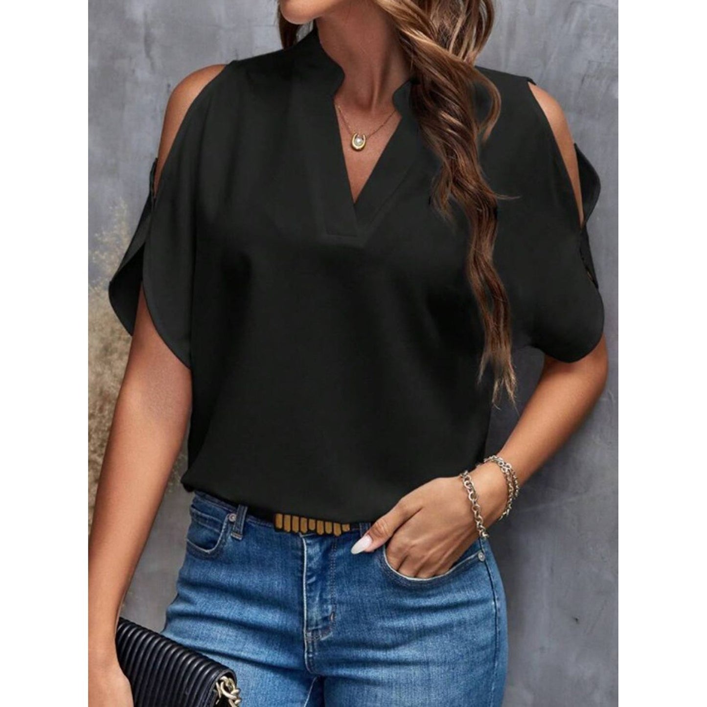 Notched Cold Shoulder Half Sleeve Blouse