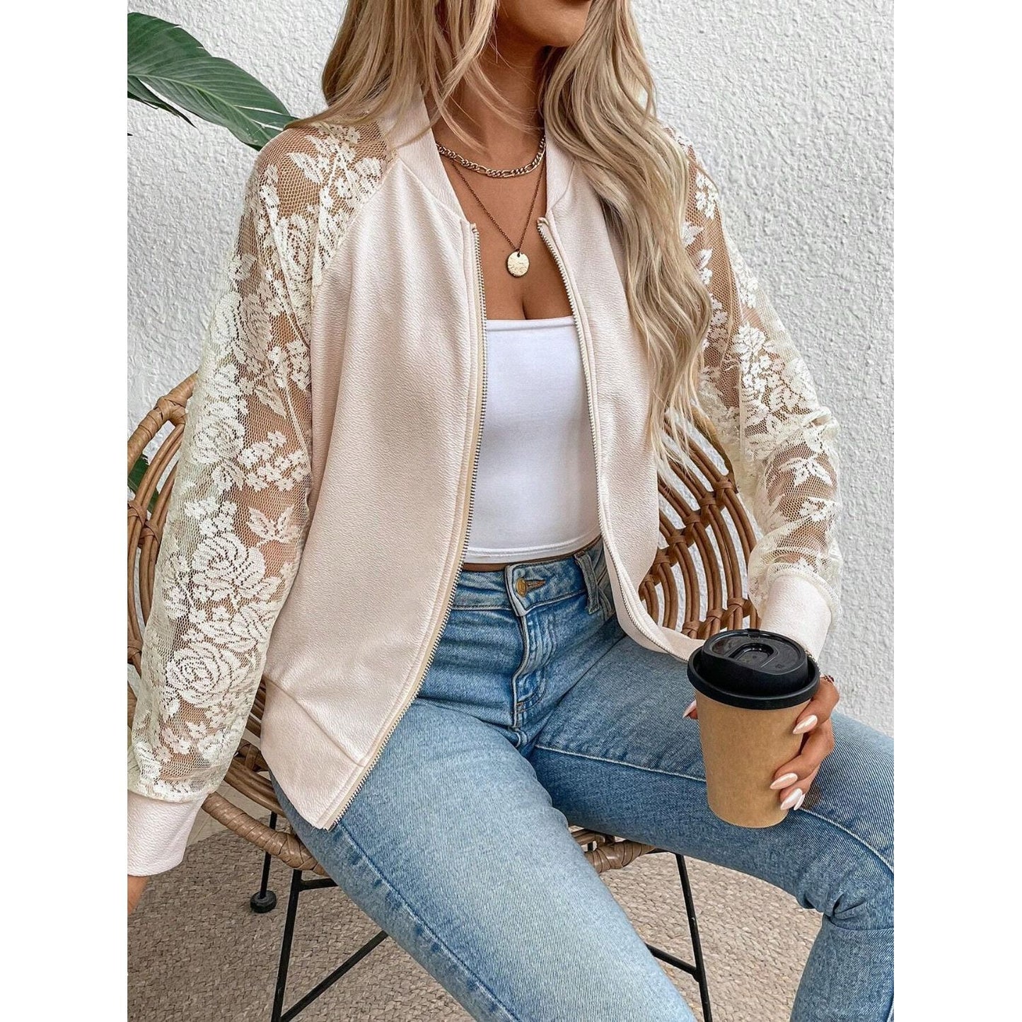 Lace Baseball Collar Zip Up Jacket