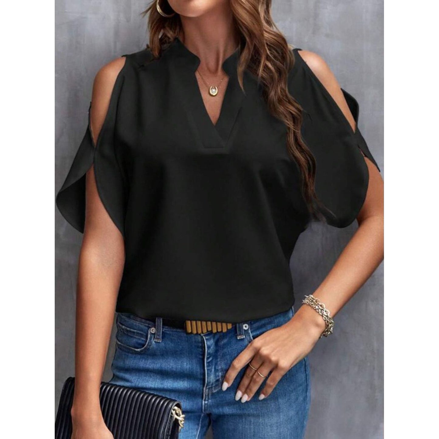 Notched Cold Shoulder Half Sleeve Blouse