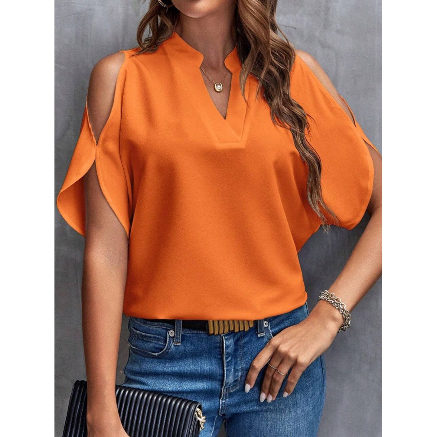 Notched Cold Shoulder Half Sleeve Blouse