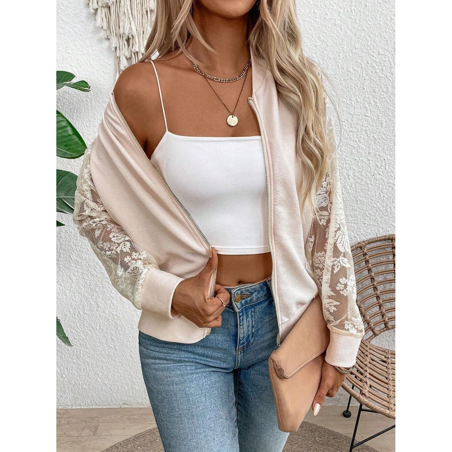 Lace Baseball Collar Zip Up Jacket