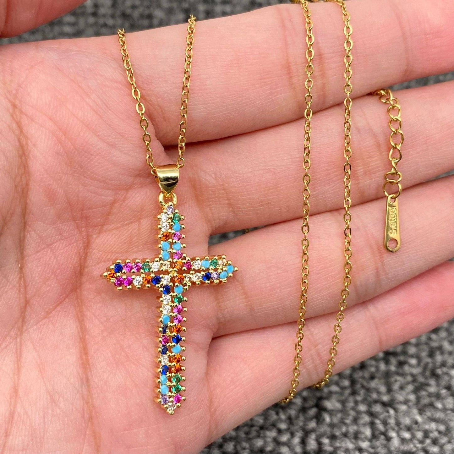 Multi Style Rhinestone & CZ Cross Charm Golden Necklace