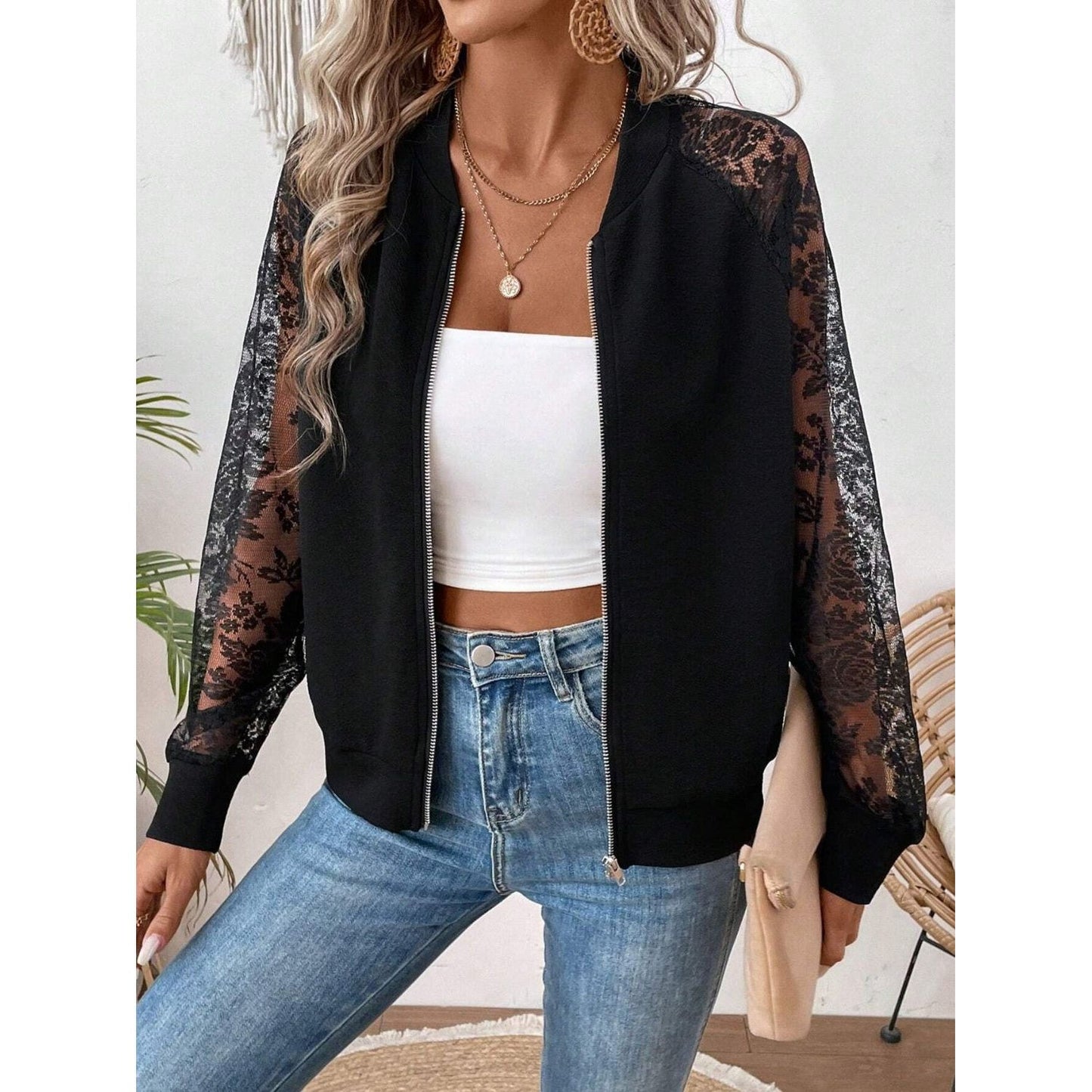 Lace Baseball Collar Zip Up Jacket