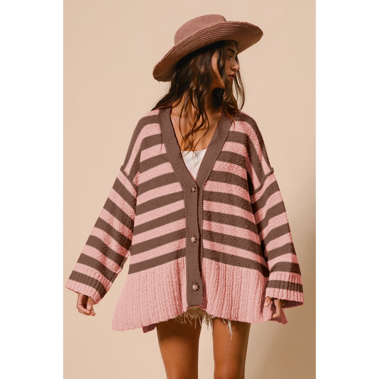 BiBi Slit Striped V-Neck Button Up Cardigan