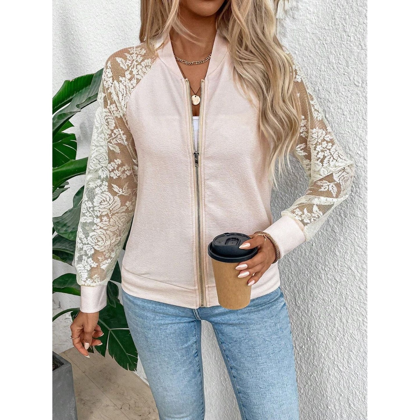 Lace Baseball Collar Zip Up Jacket