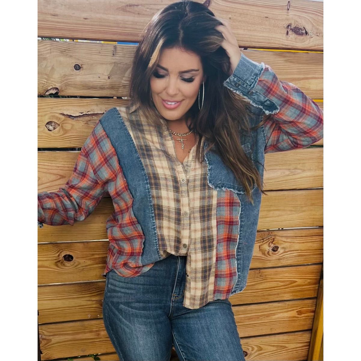 Fall feelings denim/plaid top