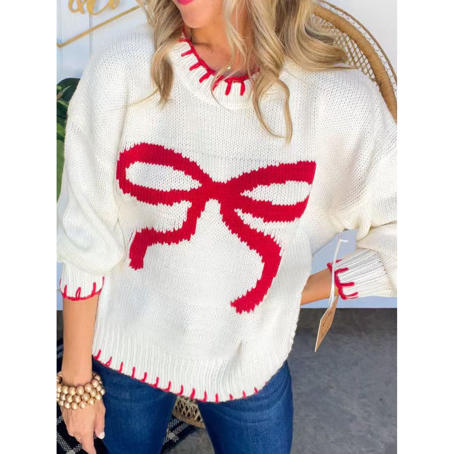 Bow Round Neck Long Sleeve Sweater