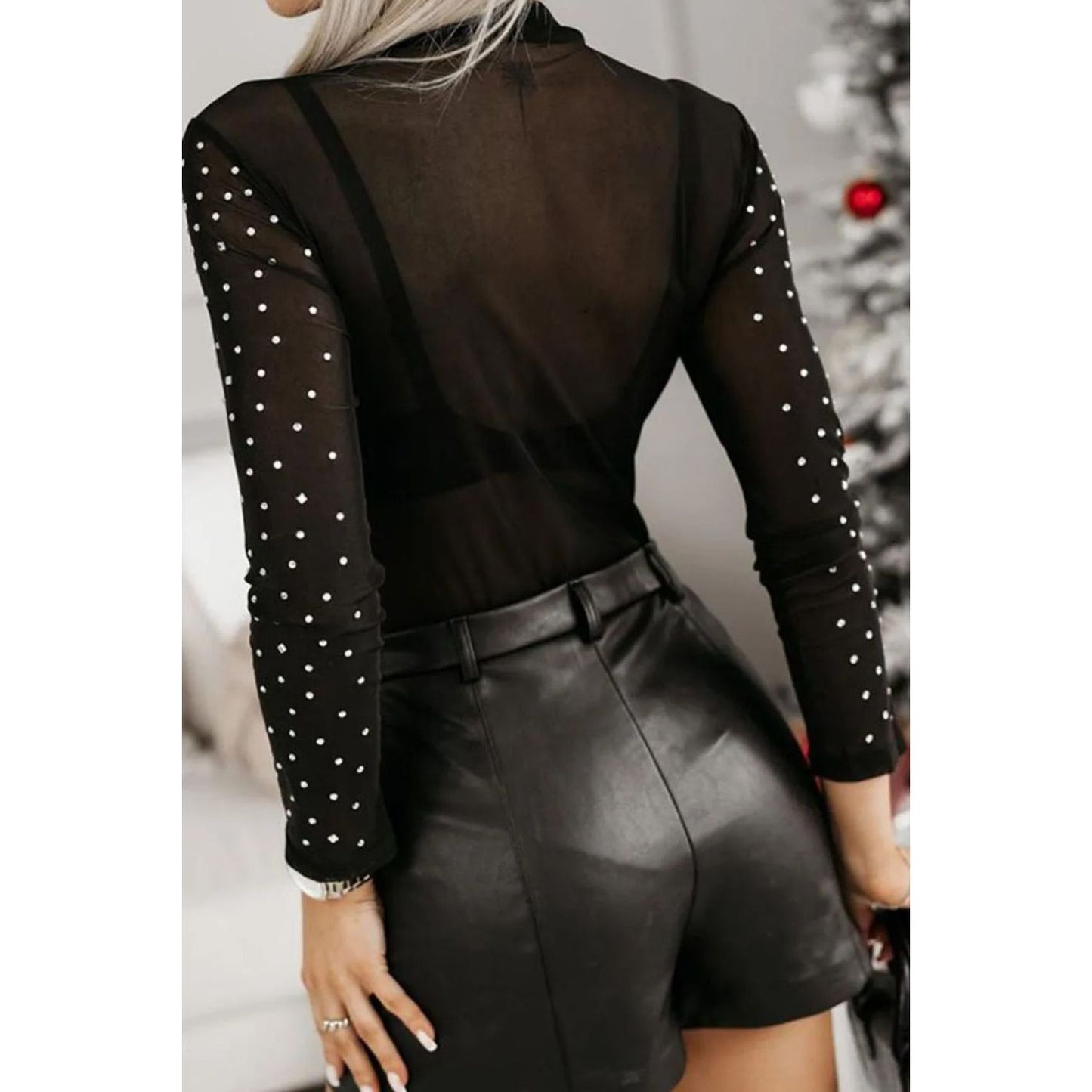 Rhinestone Trim Mock Neck Long Sleeve Bodysuit