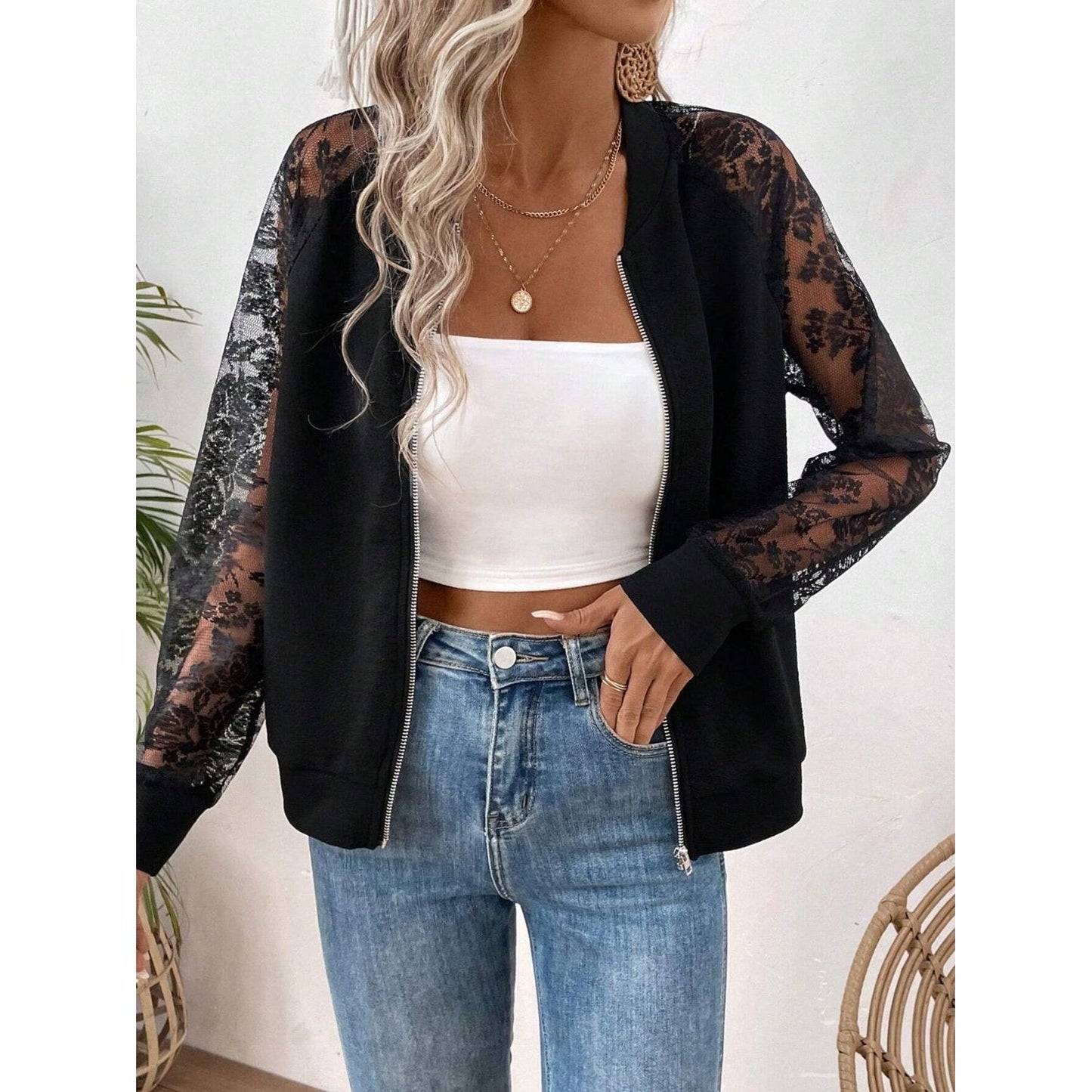 Lace Baseball Collar Zip Up Jacket