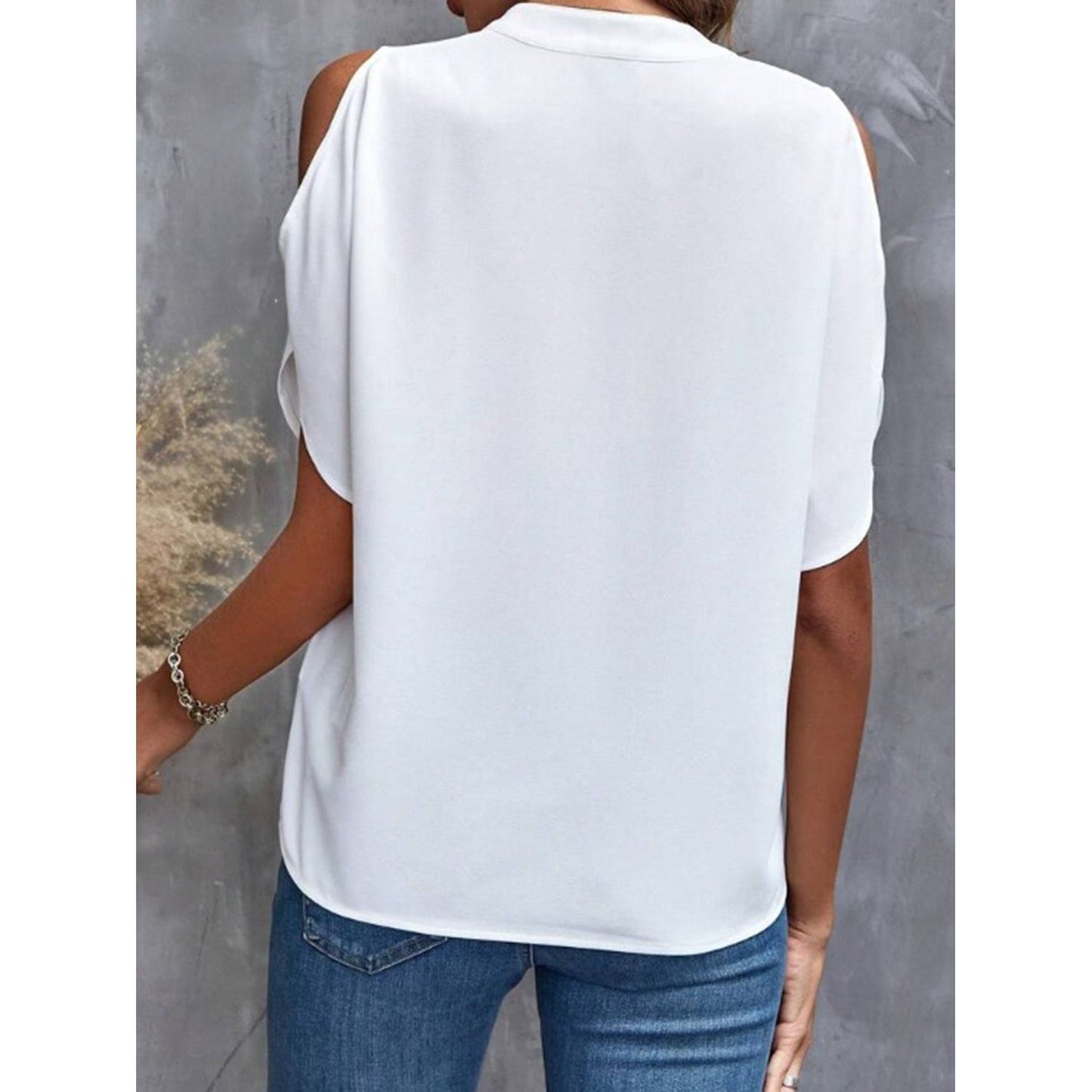 Notched Cold Shoulder Half Sleeve Blouse