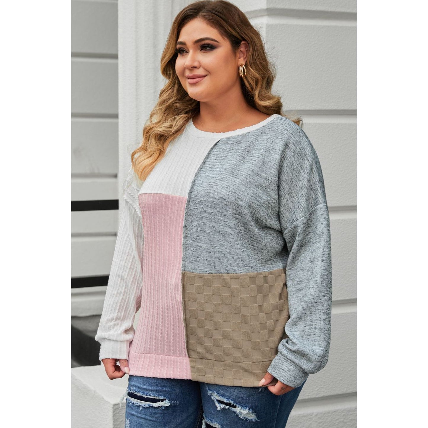 Plus Size Long Sleeve Color Block Top