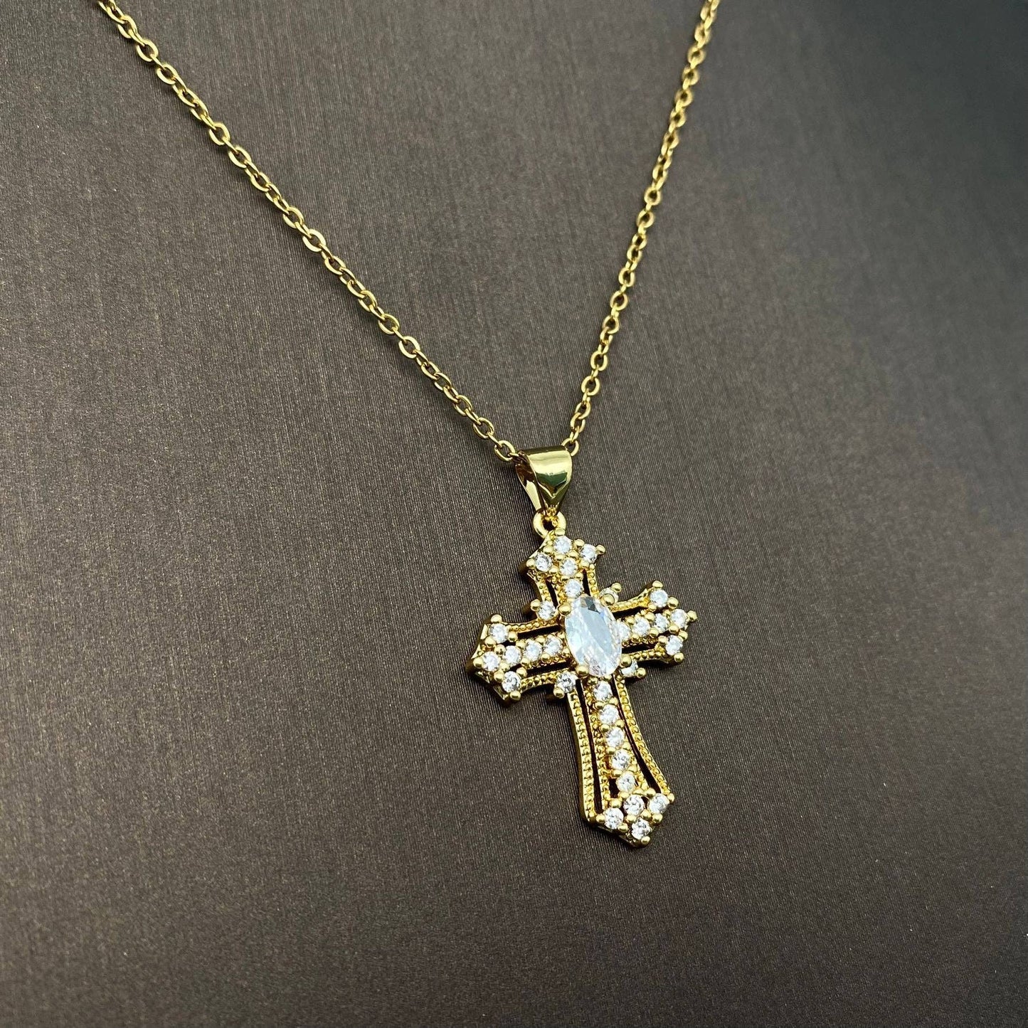 Multi Style Rhinestone & CZ Cross Charm Golden Necklace