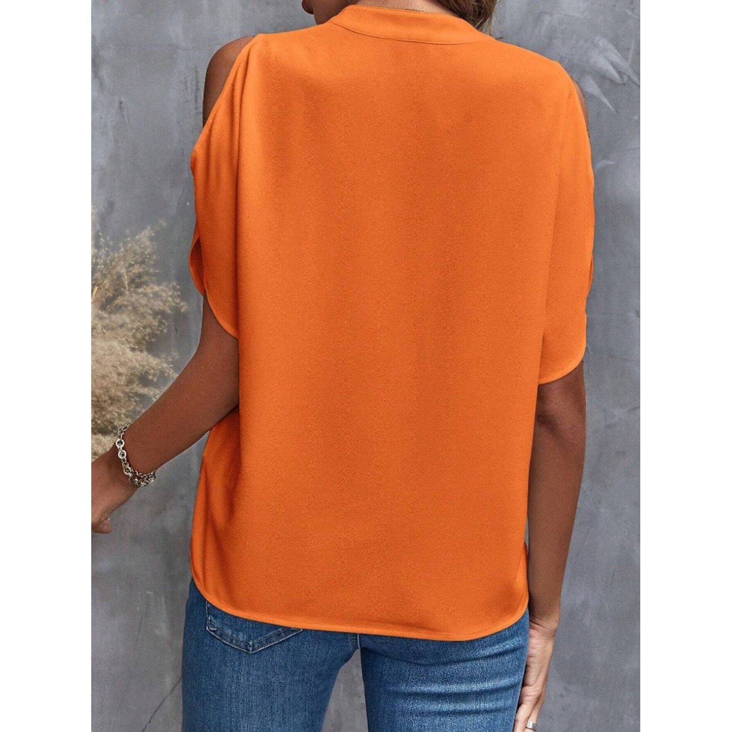 Notched Cold Shoulder Half Sleeve Blouse