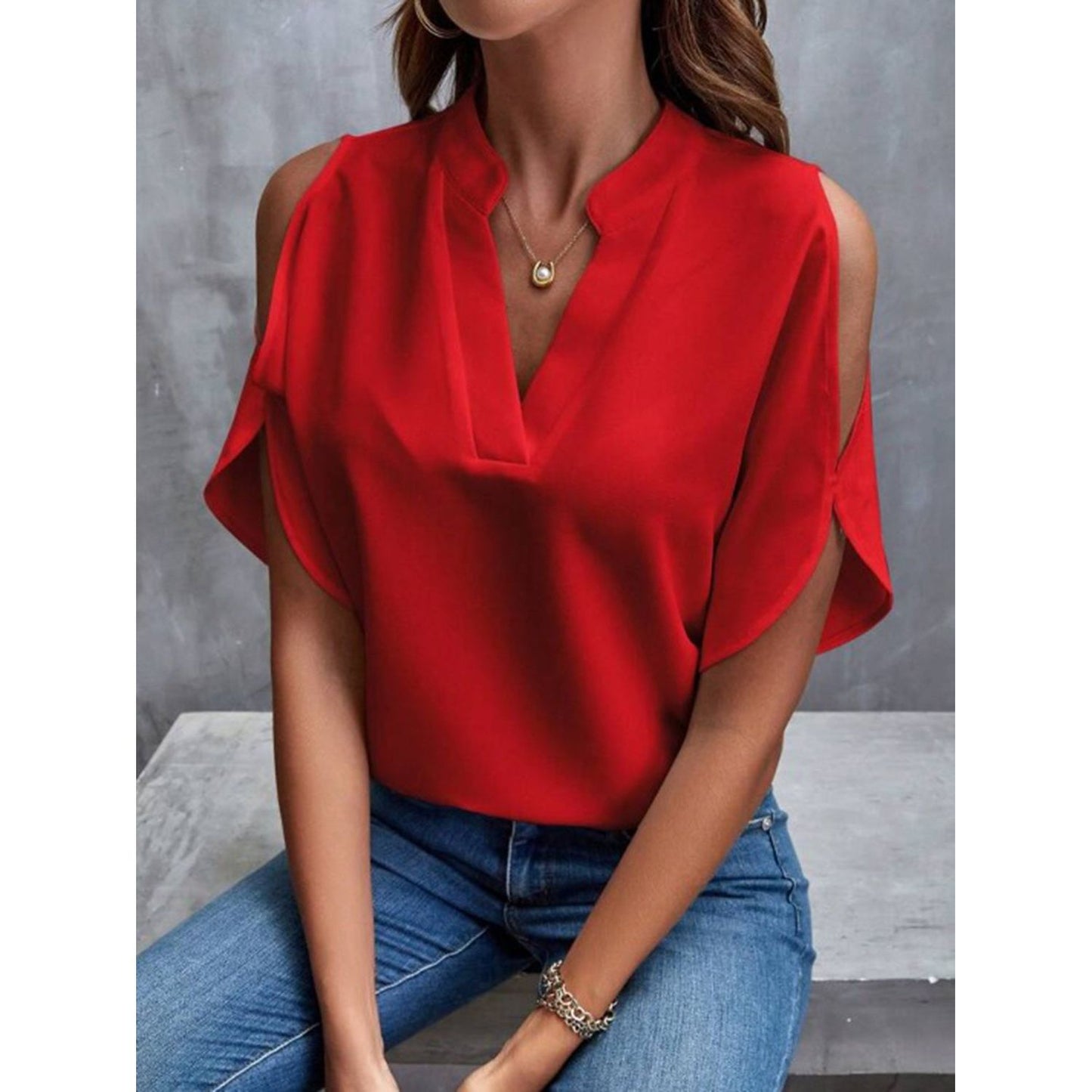 Notched Cold Shoulder Half Sleeve Blouse