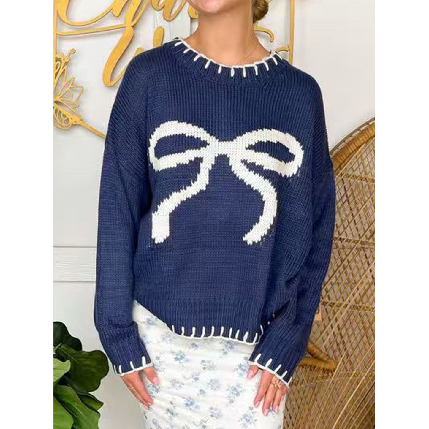 Bow Round Neck Long Sleeve Sweater