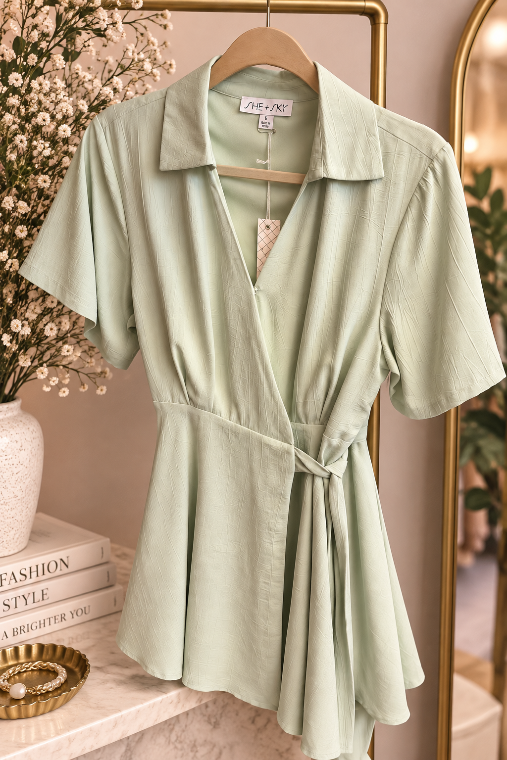 Sage Green Textured Wrap Midi Dress