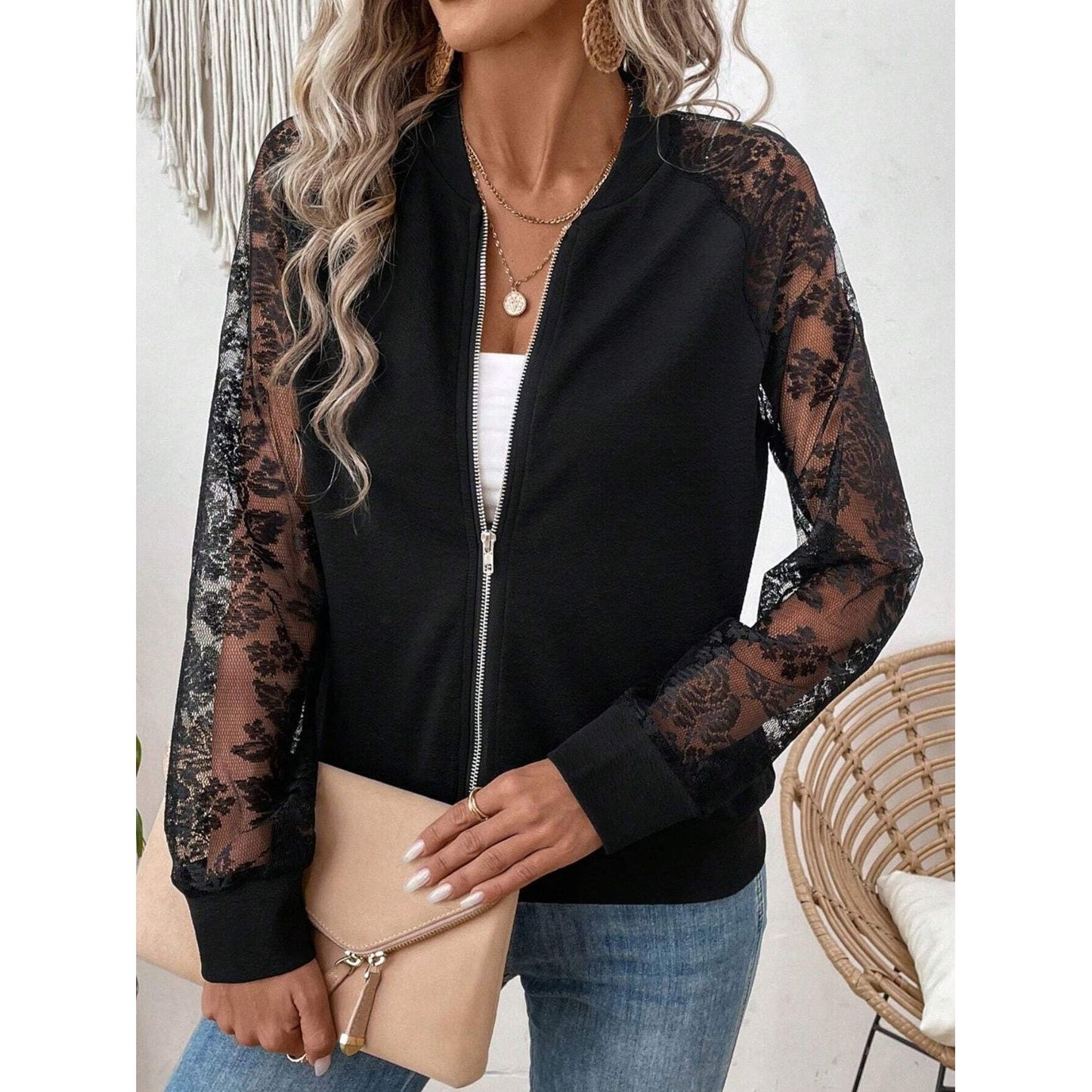 Lace Baseball Collar Zip Up Jacket
