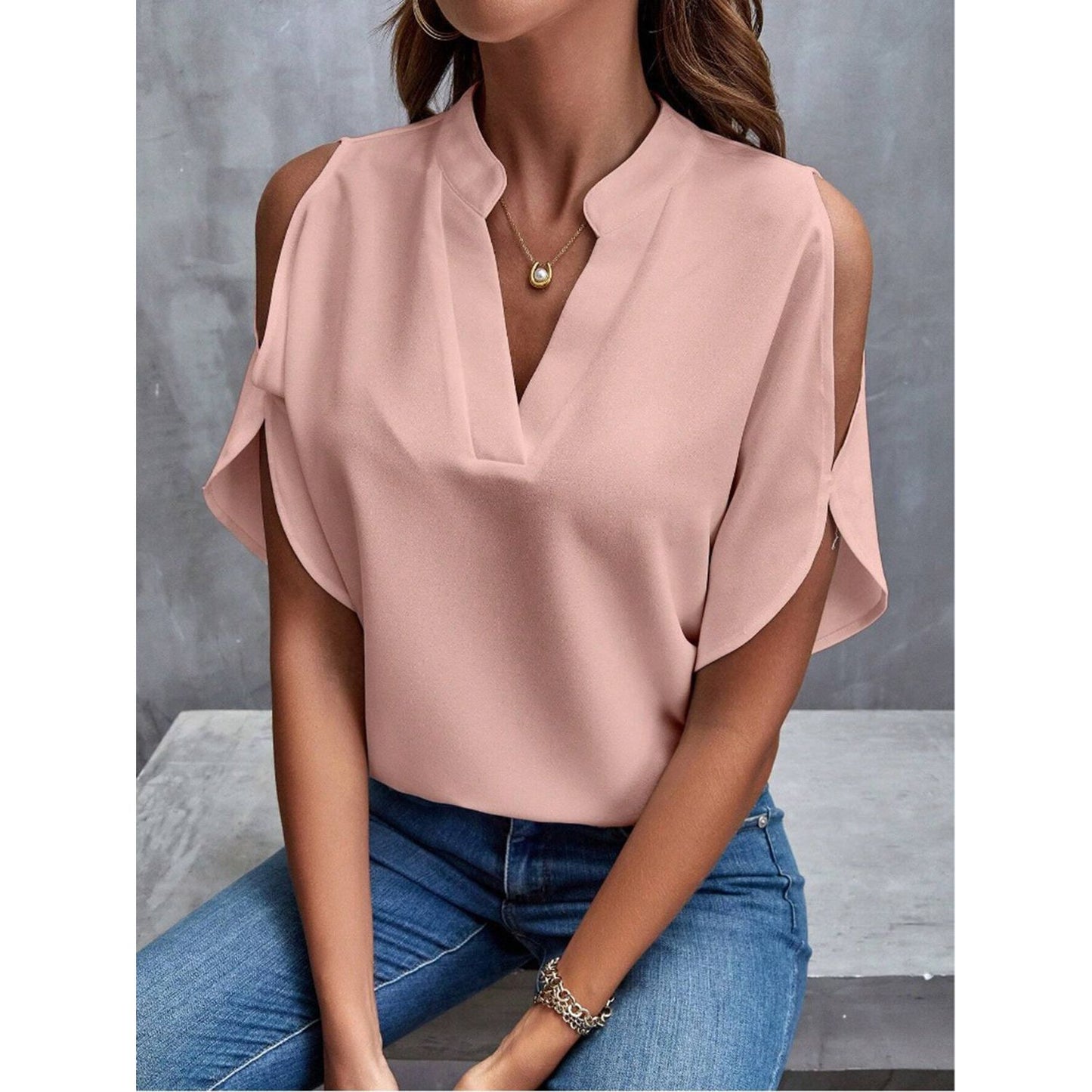 Notched Cold Shoulder Half Sleeve Blouse