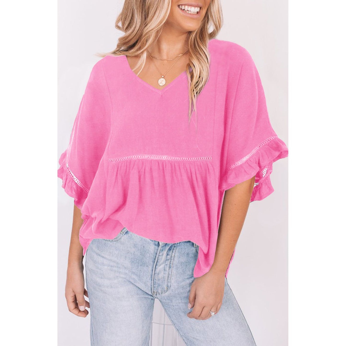 V-Neck Flounce Sleeve Babydoll Blouse