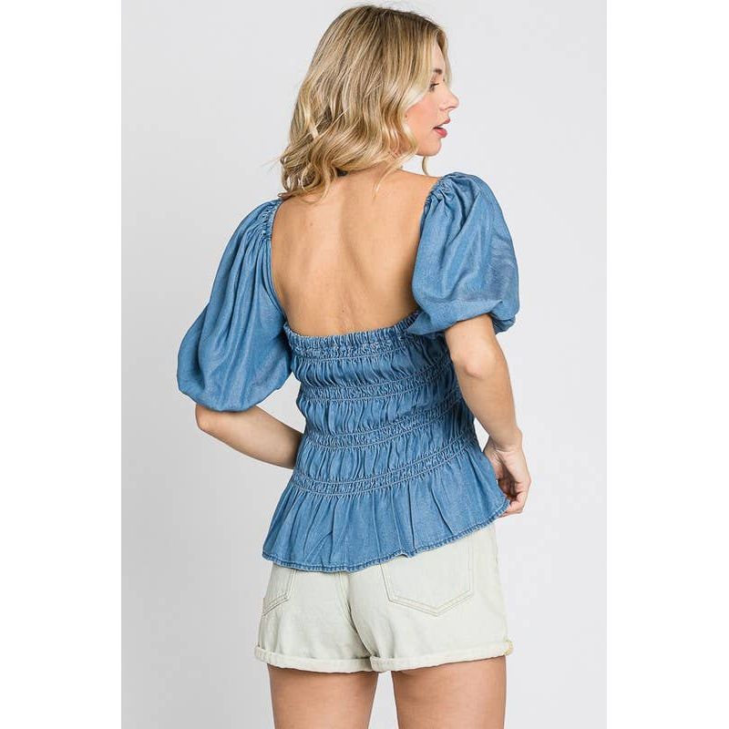 Denim Smocked Peplum Top