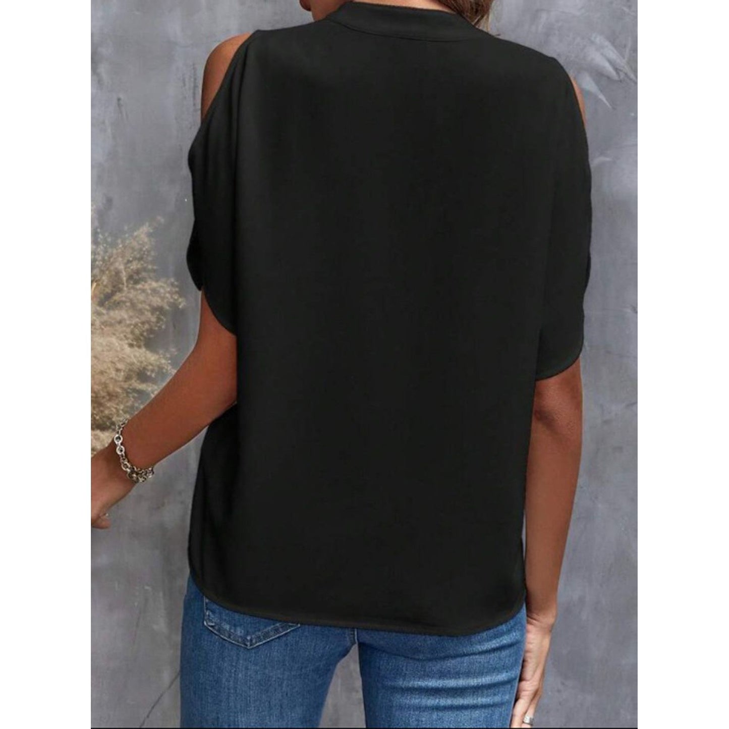 Notched Cold Shoulder Half Sleeve Blouse
