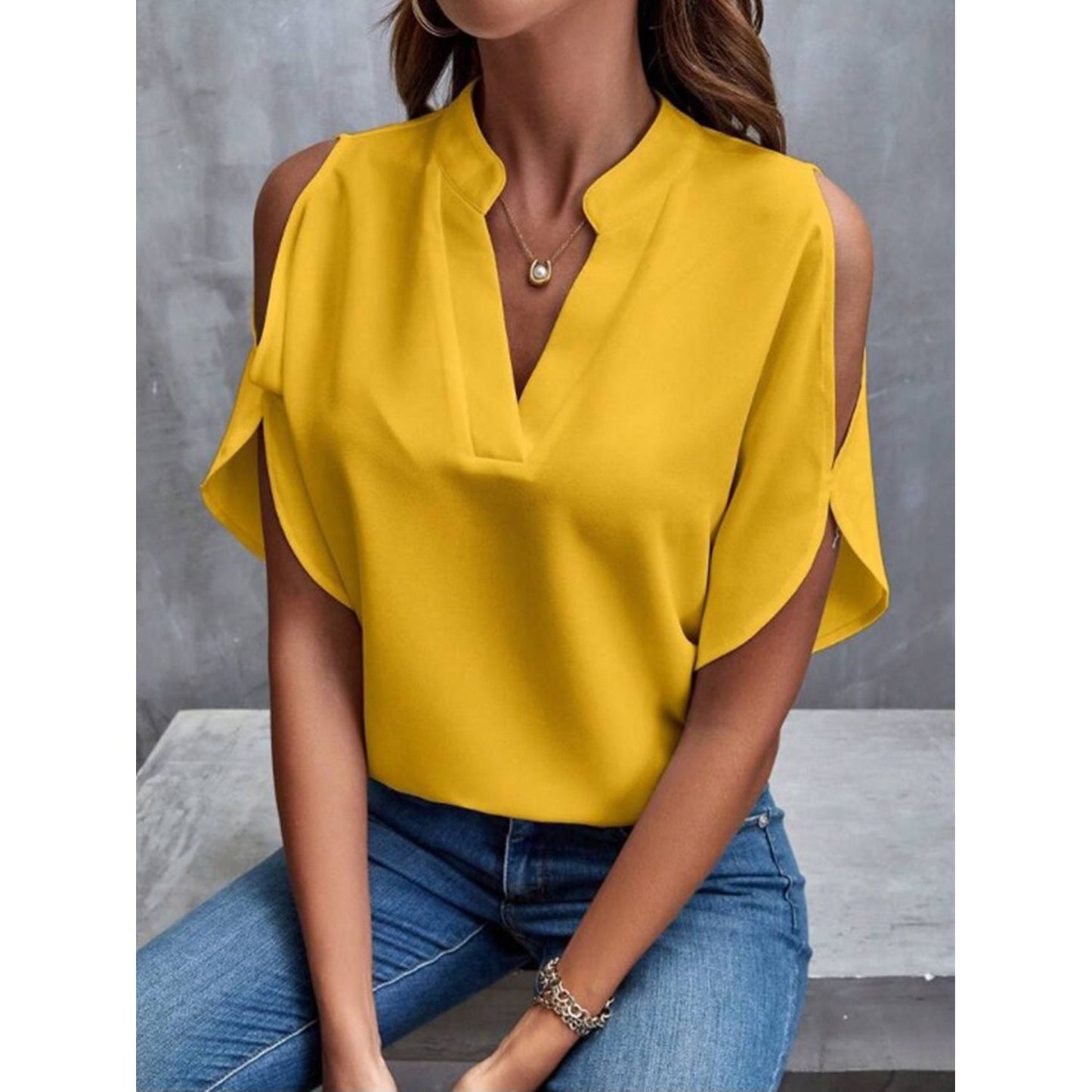 Notched Cold Shoulder Half Sleeve Blouse