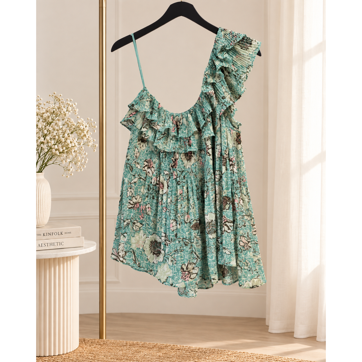 Mystree Sage Floral One-Shoulder Ruffle Top