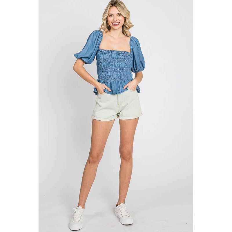Denim Smocked Peplum Top
