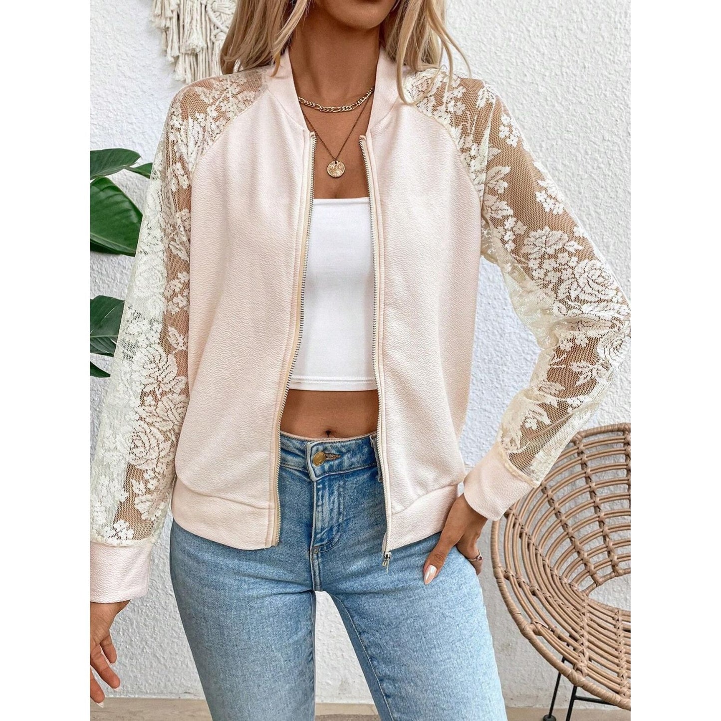 Lace Baseball Collar Zip Up Jacket