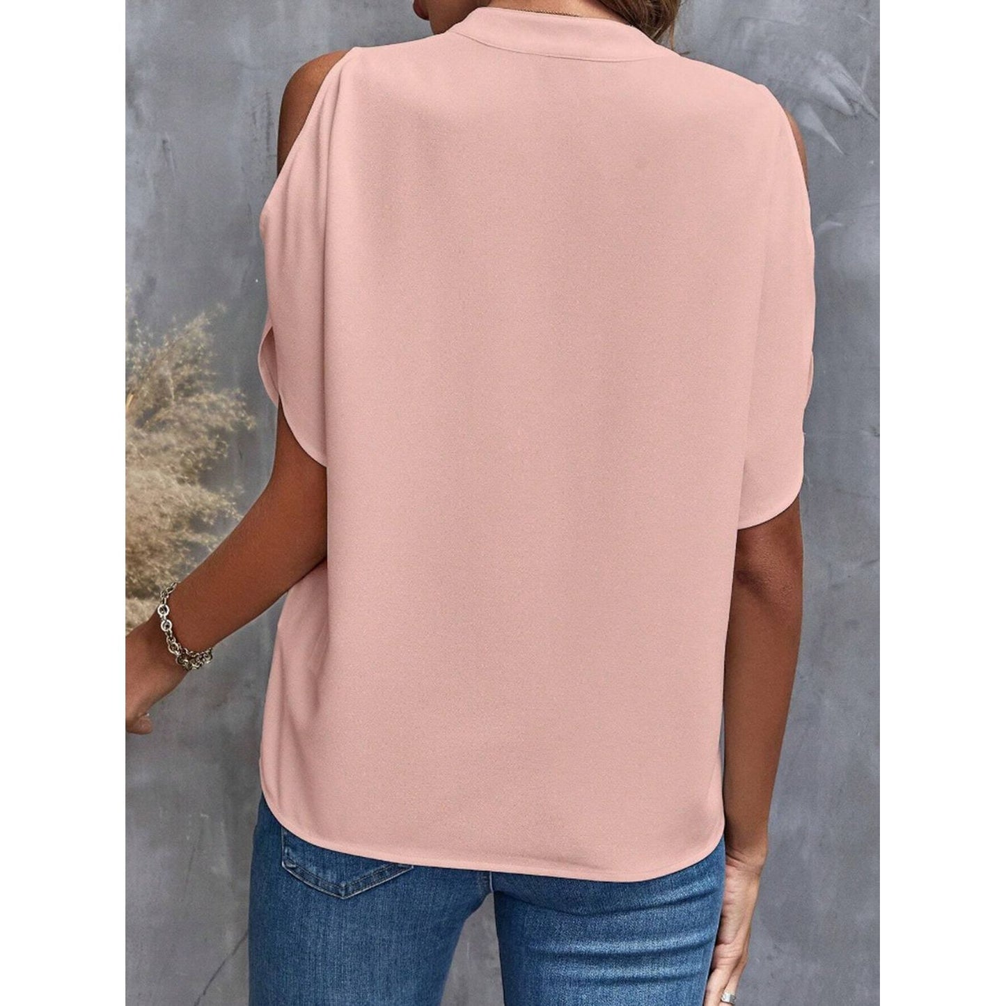 Notched Cold Shoulder Half Sleeve Blouse