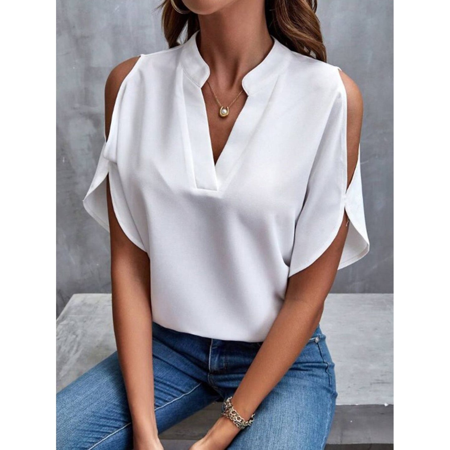 Notched Cold Shoulder Half Sleeve Blouse