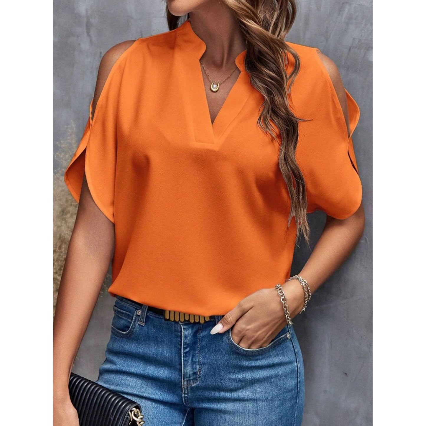 Notched Cold Shoulder Half Sleeve Blouse