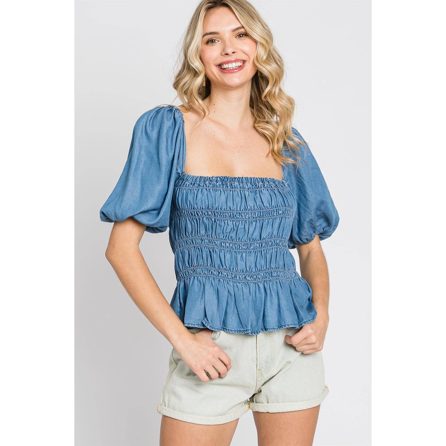 Denim Smocked Peplum Top