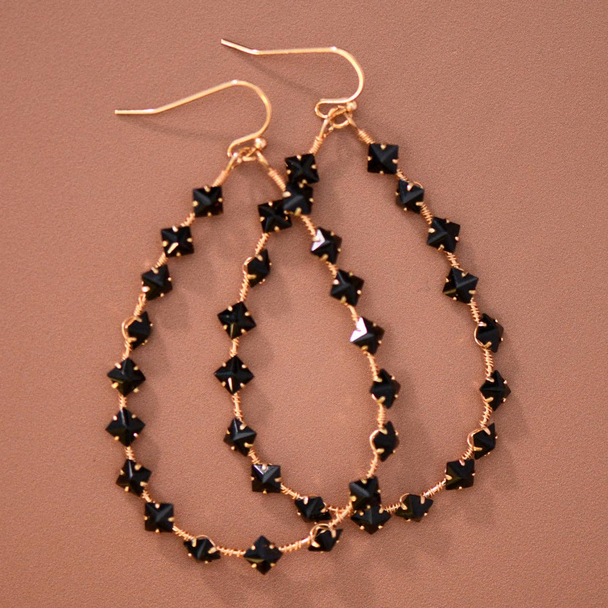 Black Crystal Wire-Wrapped Teardrop Earrings