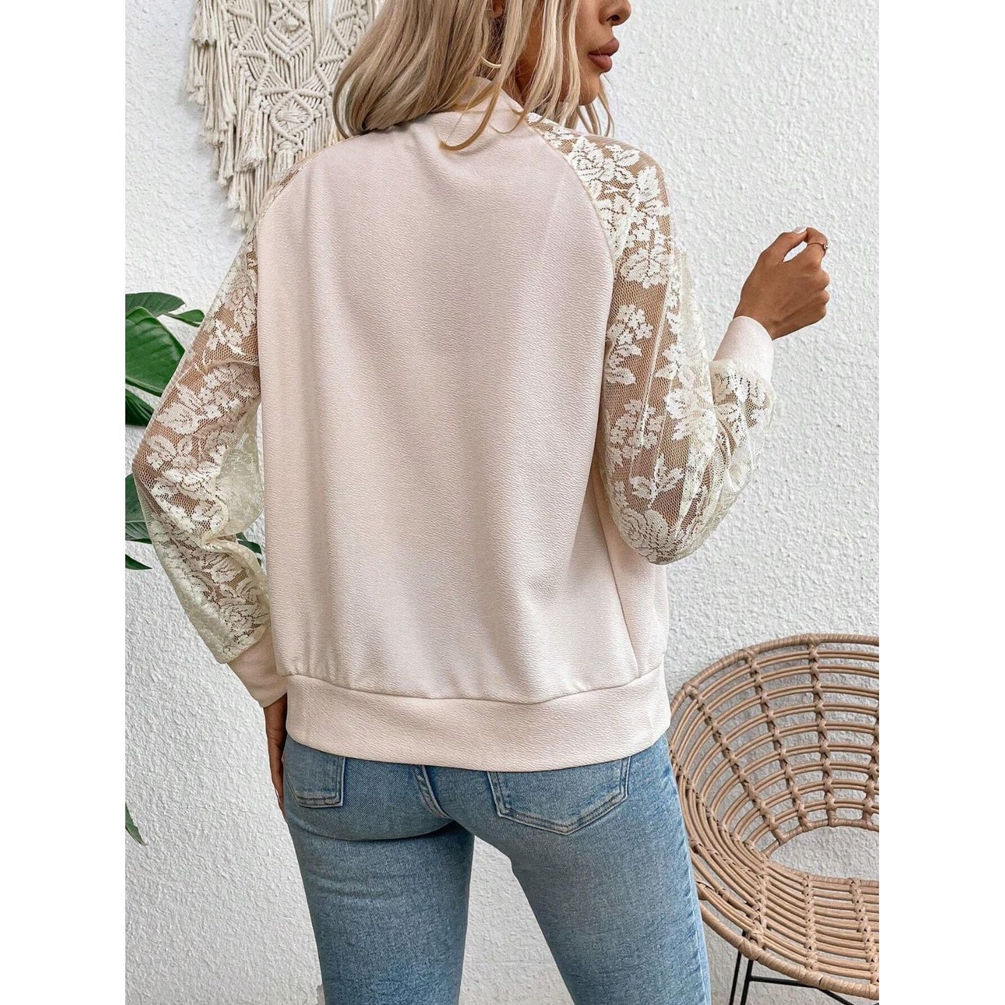 Lace Baseball Collar Zip Up Jacket