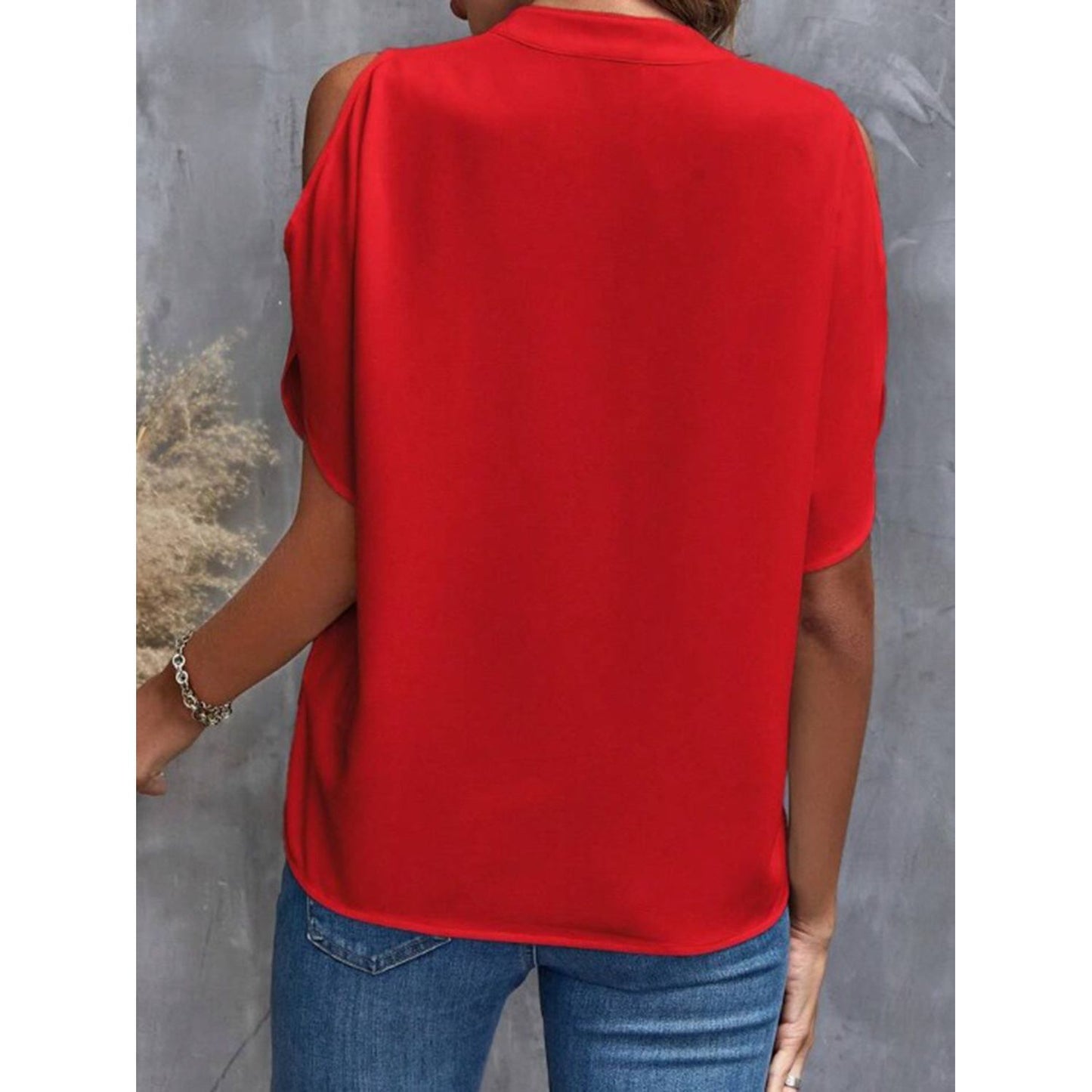 Notched Cold Shoulder Half Sleeve Blouse